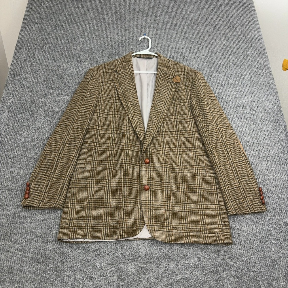 Vintage Lands' End Blazer Mens 42L Brown Wool Glen Plaid Elbow Patches Academic